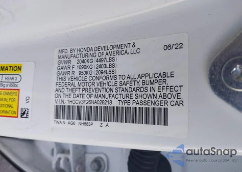 2022 Honda Accord Hybrid Sport from USA, damaged, VIN 1HGCV3F26NA028218
